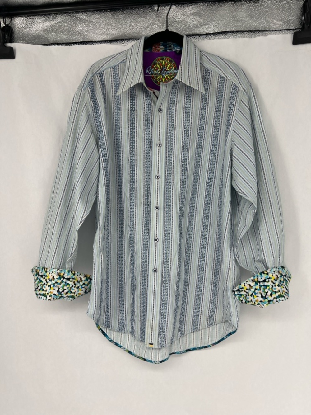 Robert Graham Vertical Blue & White Striped Button-Down Shirt Flip Cuff